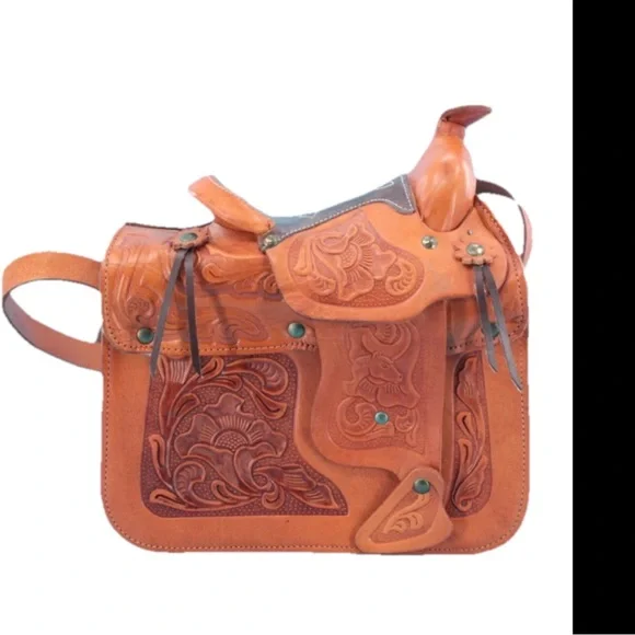 SADDLE vintage Handmade, Artisan Hand Tooled Mexican Leather Shoulder Bag - Picture 2 of 15